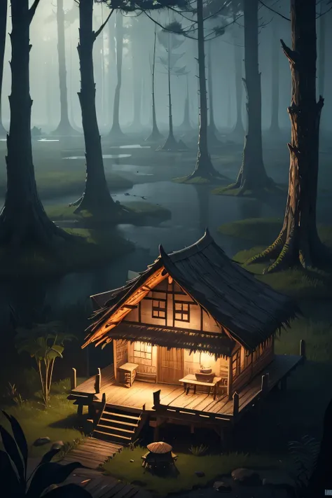 2d, stylized, huge swamp hut, top down view, night time, wooden hut, dark forest