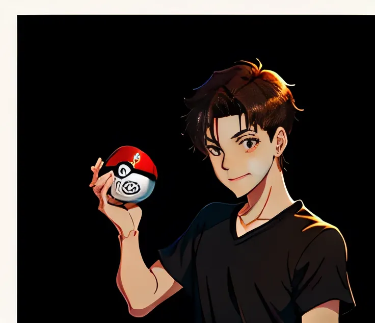 Young conceited man, dark brown hair, brown eyes, Cinnamon skin and white teeth, with a black shirt showing a pokeball