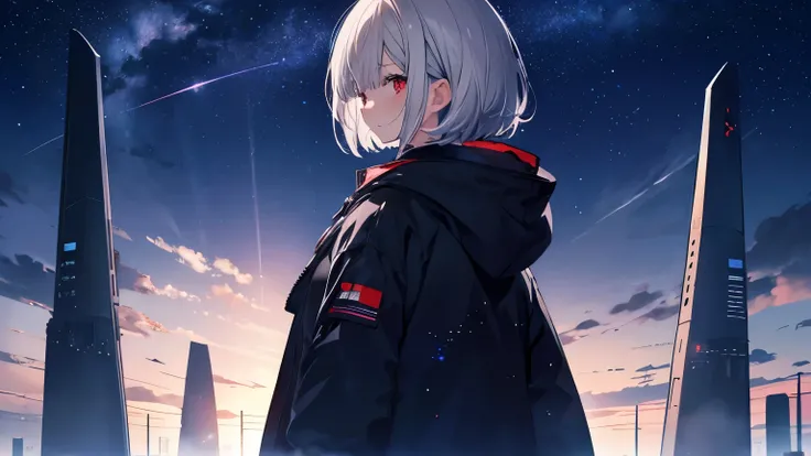 Starry Sky，Woman looking down，Bobcut，Gray Hair，Rear view，Red Eyes，Blue background，beautiful，Highest quality，Make people smaller．The upper half of the screen is the night sky，hourglass，No Face，Clothes with a hood on the back，dawn