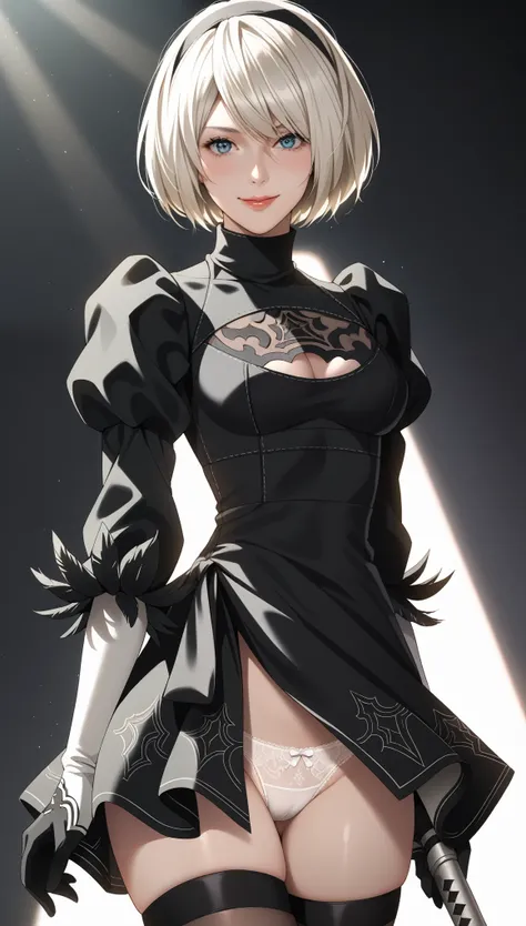 Score_9, Score_8_up, Score_7_up, 32K,masterpiece, Best Quality, Photorealistic, Vibrant colors, Chiaroscuro lighting, Cinema Lighting, There is a woman wearing a black dress and black gloves., 2b ..., 2b, 2b from Nier automata, 2b ... from Nier automata, T...