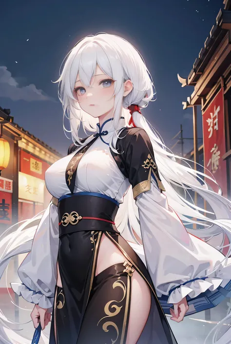 High resolution, High resolutionสุด, Tie your hair, Big Breasts, stare, Simple background, ancient Chinese city ￼, 8k octane render, Picture of a beautiful white-haired female celestial figure. ,￼￼