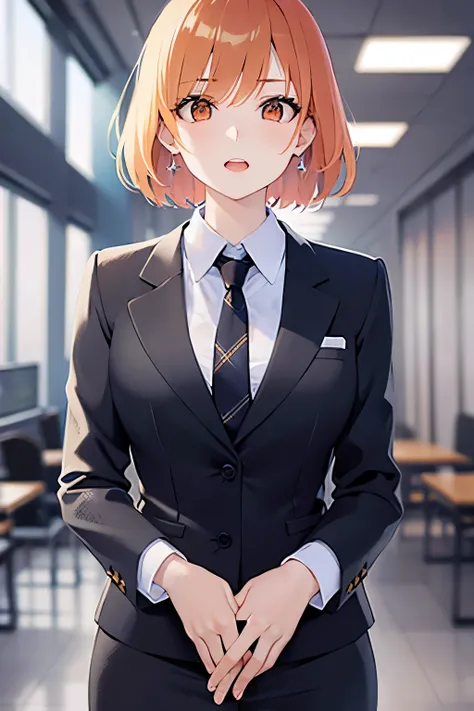 Upper Body, (pale skin: 1.2), shiny skin, shiny hair、(2 woman with orange bob cut) and (orange eyes) , (business suit:1.5) and (white collared shirt)、surprised, open mouth, , The background is the conference room、Alone、Standing
