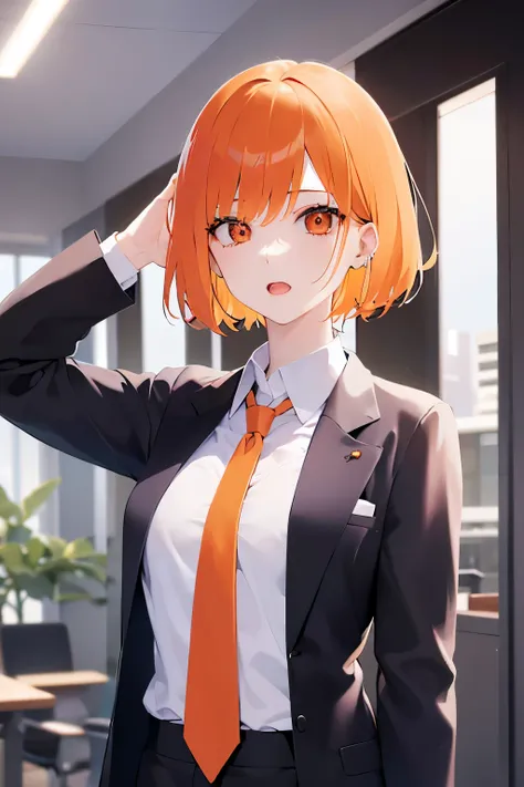 Upper Body, (pale skin: 1.2), shiny skin, shiny hair、(2 woman) and (orange bob cut hair) and (orange eyes) , (business suit:1.5) and (white collared shirt)、confused, open mouth, , The background is the conference room、Alone、Standing
