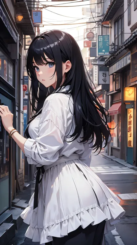 最high quality、Best image quality、masterpiece、and((cute、Japanese、Best Bust、Long Hair、Big Bust、Open your chest wide,Black Hair、thin、The highest valley、Show the whole body、An open white shirt、Black trousers)）high quality、Beautiful art、background((In the middl...