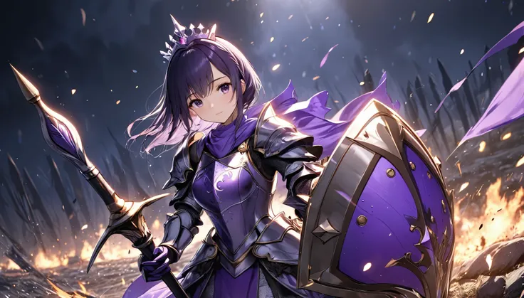 masterpiece8k,Very detailed,Best Quality,battlefield,Princess Knight,Holding a spear,purple armor