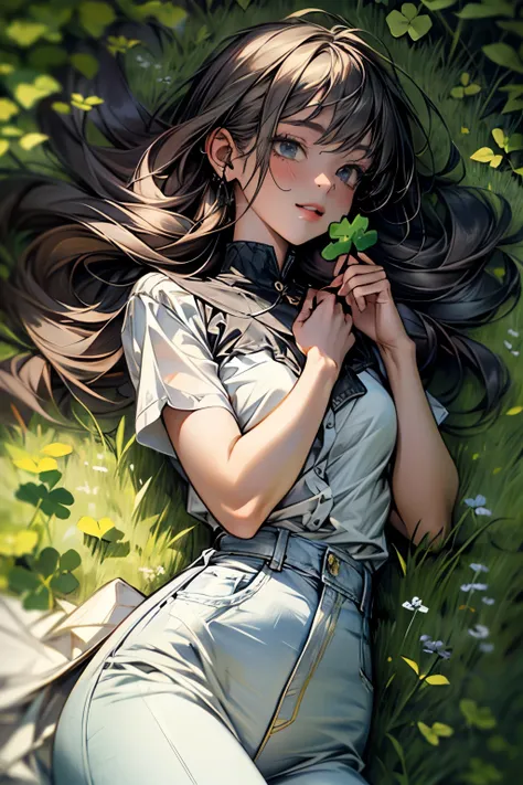 ((The best)), ((masterpiece)), (meticulous), 1 girl, wearing white shirt, blue jeans, Lying face down on the grass, Holding a four-leaf clover in hand 