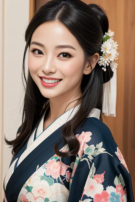 (SeaArt creates stunning photoreal of beautiful women in kimono)、Vividly colored Japanese Ukiyo-e style photoreal、A beautiful woman smiles and shows her upper white teeth、Brown-black long hair、Beautiful full body style、Let&#39;s dance a little Tokyo Ondo Y...