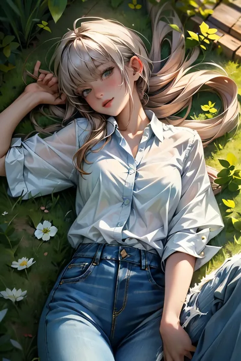 ((The best)), ((masterpiece)), (meticulous), 1 girl, wearing white shirt, blue jeans, Lying face down on the grass, Holding a four-leaf clover in hand 