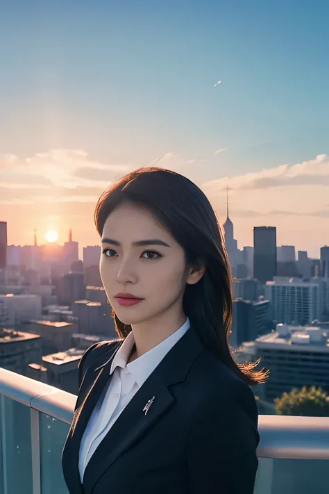 1girl,solo, parted lips,  office lady, business suit ,
skyline, cloud,sunset, arms behind head, looking at viewer,photoreal, high quality