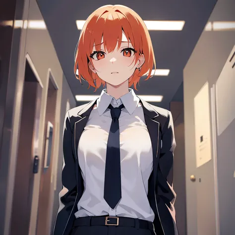 upper body, (pale skin: 1.2), shiny skin, shiny hair、(2 woman) and (orange bob cut hair) and (orange eyes) , (business suit:1.5) and (white collared shirt)、(scared:1.5)、 The background is the office、Alone、Standing
