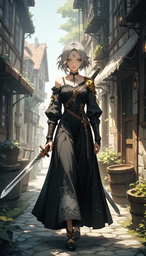 Golden Eyes。Short Hair。Wielding a sword。nude。Being alone。Black long skirt。fantasy。Beautiful legs。Fantasy medieval town alley。Gray Hair,forehead。Tattoo on forehead。Sheep&#39;s round horns。