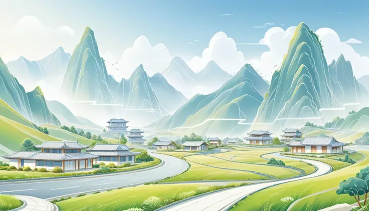 modern buildings were built on the flat land between the mountains.，clean roads，mainly line illustrations，simplicity