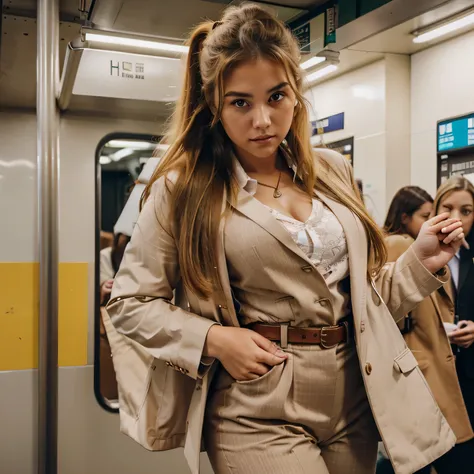 1 beautiful teenage girl, Beautiful office lady, In the subway, Ponytail, Long hair fluttering up, Beautiful eyes with details, Brown eyes, Blonde hair, Look at the camera, Plump milk, Sexy figure, Thick suit, Full body, Lace shirt, brown suit jacket, trou...