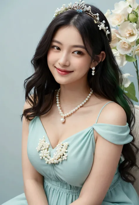 A portrait of a young woman with long black wavy hair, smiling warmly. She is wearing a pastel yellow dress with delicate floral accents on her shoulders, complemented by a white floral necklace. Her makeup is soft and natural, and she has a crown made of ...