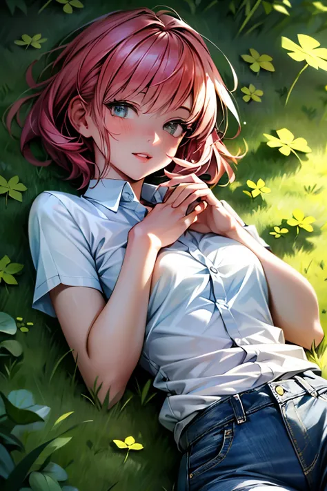 ((The best)), ((masterpiece)), (meticulous), 1 girl, pink short hair, wearing white shirt, blue jeans, Lying face down on the grass, Holding a four-leaf clover in hand 