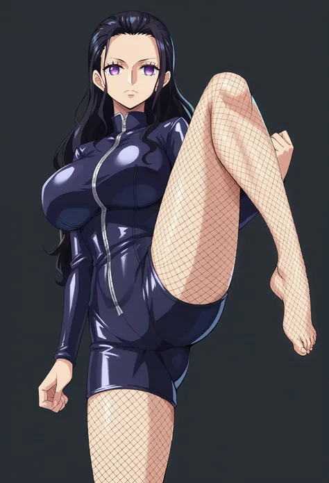 score_9, score_8_up, score_7_up,BREAK source_anime, Nico Robin, black hair, long hair,, purple eyes,(glowing eyes), Huge breasts, (evil depravity), (empty eyes),Expressionless,(kicking, kicking at viewer), ((Black latex high leg suit)),Fishnet stockings, b...