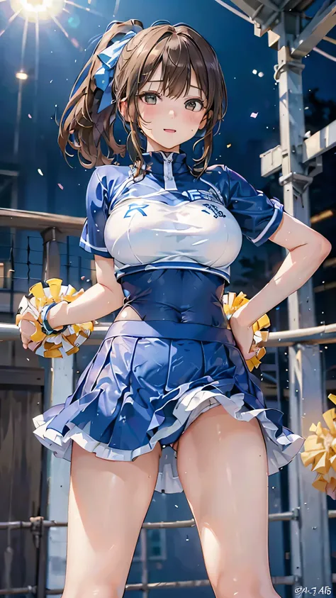 8k resolution,((Best Quality)),Ultra-high resolution,Adult women, Alone, sexy, (Ecstatic face), (Light brown eyes), A beautiful, symmetrical face, (Brown curly short ponytail),Blue Cheerleader T-shirt,Blue Cheerleader Skirt,Panties,Knee-high socks,Realisti...