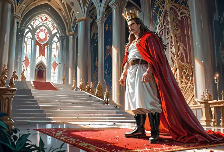 (masterpiece, Highest quality), (1boy, solo:1.3, (hes standing on a red carpet )), (boy is Zeus, old, muscular, (detailed eyes and face), (brunette long hair, mustache, beard), (wearing a King Crown, red cloak, white tunic, boots) ), (castle, royal throne ...