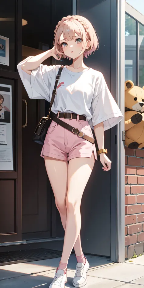 Beatrice, Short hair, square, small braid, white t-shirt, bermoda shorts brown, Two pistols, pink tights, brown bear keychain on belt,mobile legends