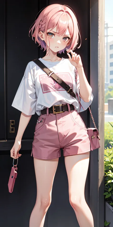 Beatrice, pink raspberry hair,Short hair, square, small braid, white t-shirt, brown knee length shorts, with two pistols, pink tights, brown bear keychain on belt,mobile legends, angry face
