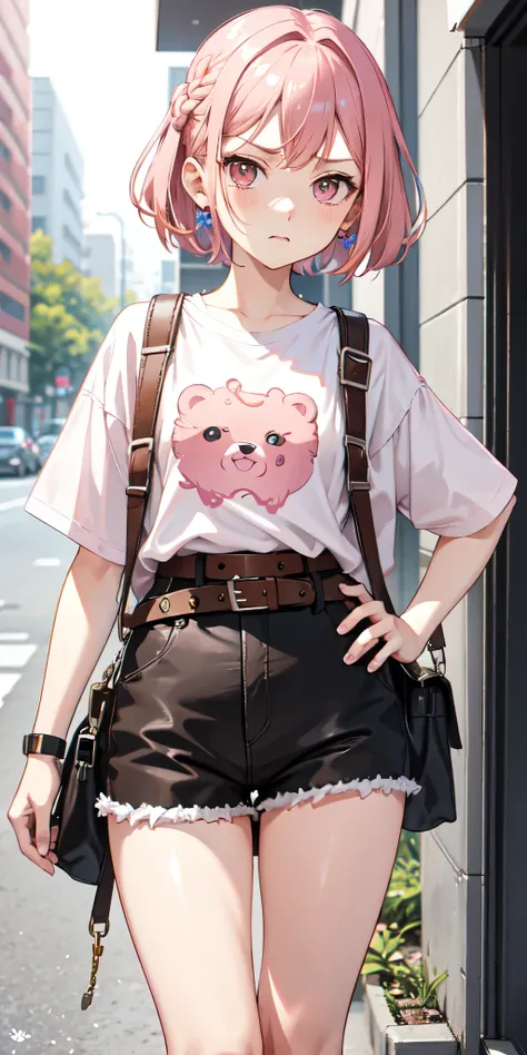 Beatrice, pink raspberry hair,Short hair, square, small braid, white t-shirt, brown knee length shorts, with two pistols, pink tights, brown bear keychain on belt,mobile legends, angry face
