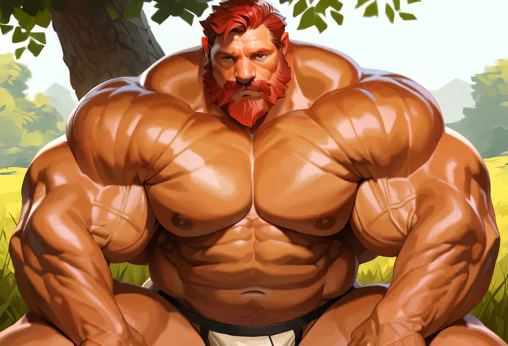 solo, 1boy, muscular old man, wide shoulder, pectoral, thick arms, huge pectoral, wide pectoral, sitting on meadow, huge tree ba...