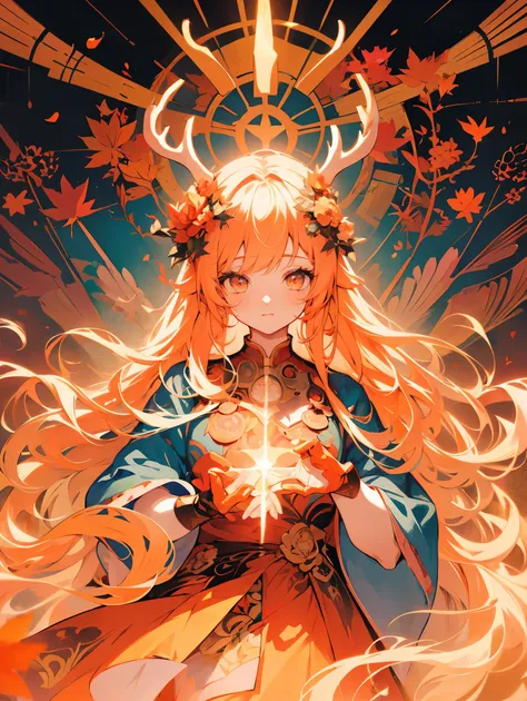 anime girl(antlers)，long hair，Orange flowers in hair, 🍁🍁🍁🍁 ，Genshin Ayaka Impact, Detailed digital animation art, Alphonse Mucha and Rose Drews, beautiful anime art, beautiful anime artwork, [flowing hair，Bright eyes]