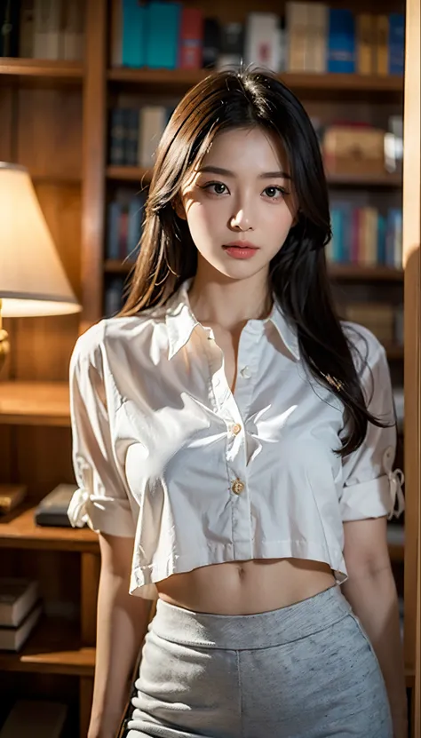 1girl,long dark straight hair,standing in a library,wooden bookshelves,white buttoned shirt tied at midriff,light gray mini skirt,cheerful confident expression,gently touching hair,softly lit background,warm studious ambiance,high quality,8k,photorealistic...