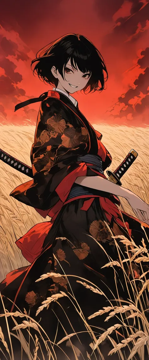 A slim young maiden dressed in a samurai uniform of shiny scarlet silk。Messy long black hair。 White Wheat Field。A world of thick fog,。Bust Shot。Dark Eyes。clothes are blowing in the wind。Grin。Katana on the waist。Stylish pose。Many small lanterns are floating...