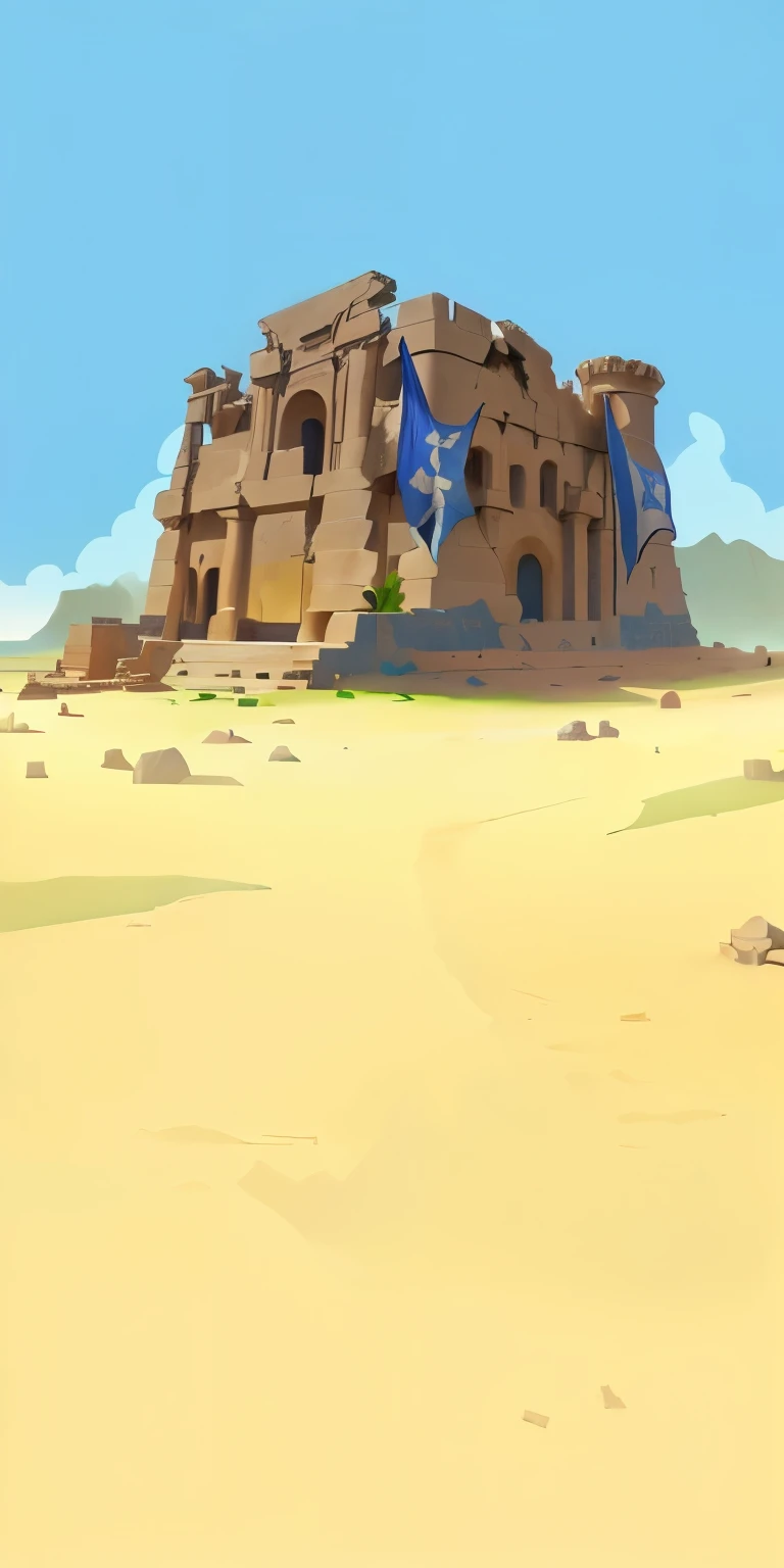 cartoon of a desert house with a blue flag on the roof, castle background, palace background, background art, ancient ruins background, background fortress, arena background, mobile game background, city ruins background, background depicting a temple, tow...