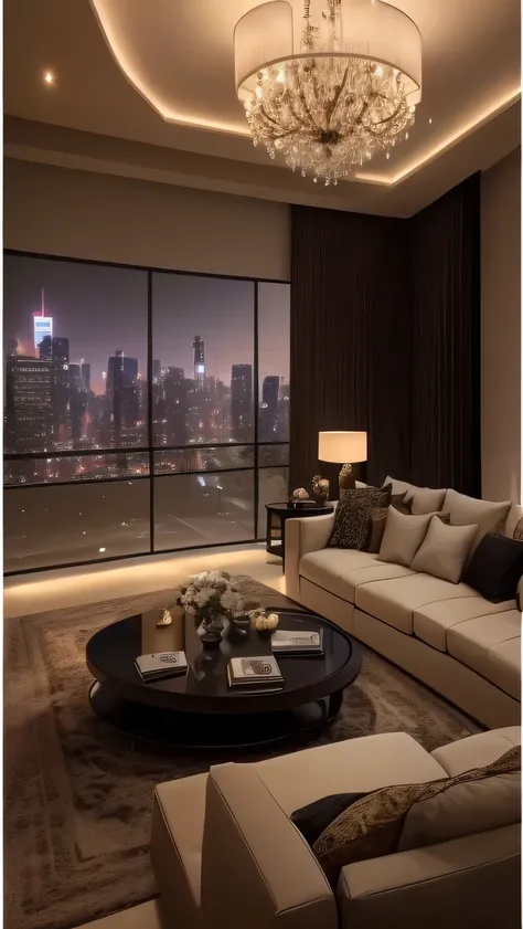 arafed view of a living room with a couch, coffee table, and television, luxurious indoor setting, luxurious environment, living room, expansive cinematic view, luxury lifestyle, lounge room, luxury condo interior, penthouse, rich lighting, luxury hd rende...