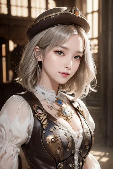 (((masterpiece)))、((((Best Quality))))、(((Super detailed)))、((Photorealistic))、(Young beautiful woman)、(A gentle and kind smile)、Realistic Skin、((Very delicate and beautiful face and hazel eyes))、Beautiful woman in a steampunk hat、((Slightly dark, blonde-i...