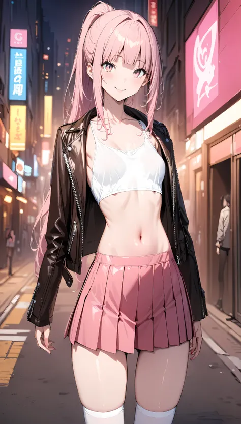 ((masterpiece,Best Quality:1.3,best quality illustrations)),cowboy shot,portrait,1woman,young adult,(ponytail),straight long hair,pink hair,small head,pink eyes,smile,(gorgeous eyes),small breasts,(Leather jacket、White tank top、navel、Pleated pink mini skir...