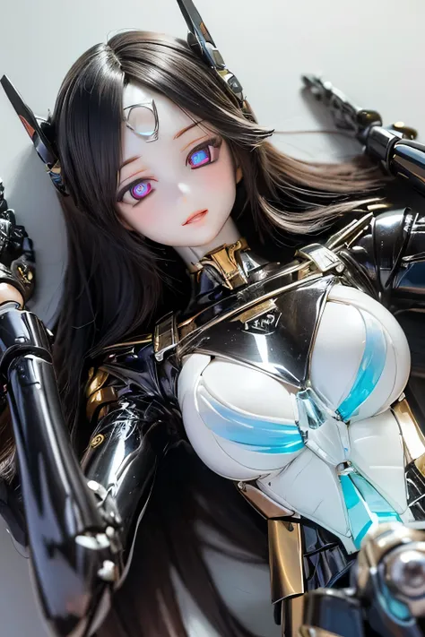 (SFW:2), photorealistic, realistic photo, 8k, ((highest quality)), ((masterpiece)), (extremely detailed), kukolnydom, doll, mecha musume, mechanical parts, robot joints, head gear, bodysuit, (from above, mature woman, 21yo, 2, solo:1.6), (lying on ones bac...