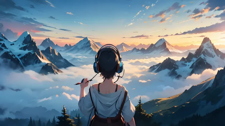 Studio Ghibli-inspired scene of a girl listening to music with headphones while gazing at a mesmerizing view of mountain peaks emerging through a vast sea of clouds from a mountaintop. The serene atmosphere and ethereal beauty create a dreamy and calming e...