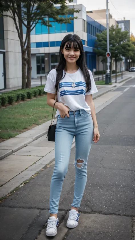 A girl is standing 、Full body photo、White striped t-shirt, Blue skinny jeans, Black Hair,、耳にピアス、 , smile, with sneaker, University

