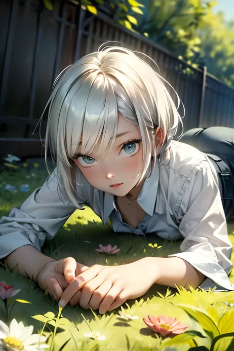 ((The best)), ((masterpiece)), (meticulous), 1 girl, white short hair, wearing white shirt, blue jeans, Lying face down on the grass, Holding a four-leaf clover in hand 