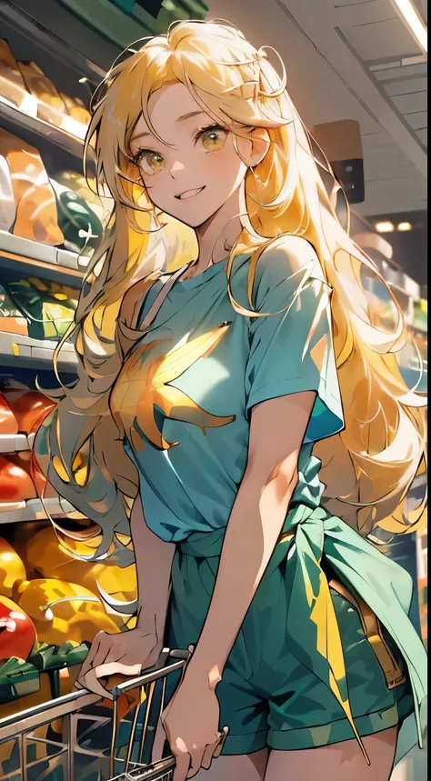 highres, ultra detailed, 1girl, solo, extremely detailed eyes, (Gold colored hair:1.5) ,long hair, (straight waist-length gold colored hair:1.5) ,(Anti-flash white-colored eyes:1.5) , ulzzang , she is wearing a (( Celeste colored Solid Color Overszie T-shi...