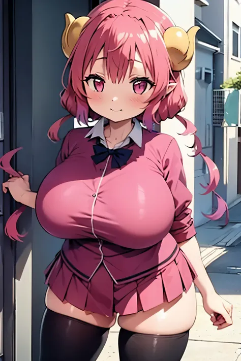 1girl, student with pink hair, large breasts, pink eyes, school uniform, voluptous body, thick thighs, wide hips