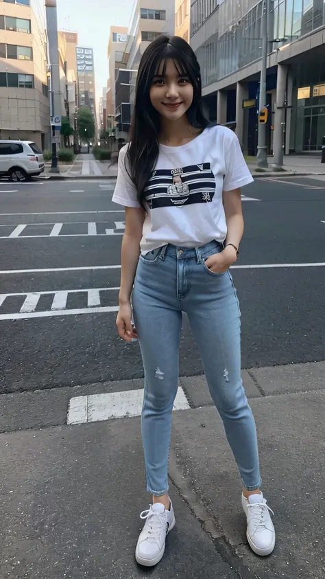 A girl is standing 、Full body photo、White striped t-shirt, Blue skinny jeans, Black Hair,、耳にピアス、 , smile, with sneaker, University

