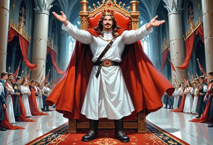 (masterpiece, Highest quality), (1boy, solo:1.3, (hes standing on a red carpet, happy, raising arms )), (boy is Zeus, old, muscular, (detailed eyes and face), (brunette long hair, mustache, beard), (wearing a King Crown, red cloak, white tunic, boots) ), (...