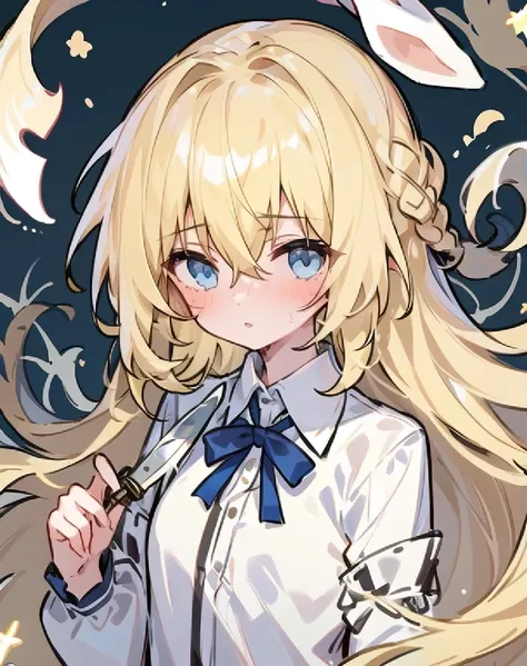 1girl, solo, shirt, blue eyes, rabbit, white shirt, holding, knife, bangs, collared shirt, water, blonde hair, blush, looking at viewer, long sleeves, upper body, parted lips, holding knife, hair between eyes