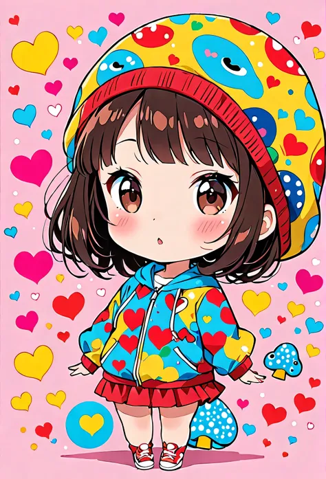 Ultra-realism Yayoi Kusama colorful style, Simple Line Initialism，Abstract art，(((The most beautiful girl of all time))), chibi, colorful hearts, kawaii design, sports fashion, (((コンビニ))), (((Cute amoeba)))