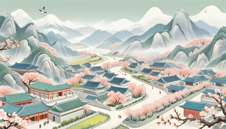 Aerial view of a small Chinese town surrounded by trees and mountains，There are many buildings on the flat land between the mountains，Blue-grey roof，Gray Building，Urban complex，Peach Blossom Tree，Green Trees，Clean roads，Mainly line illustrations，Simplicity