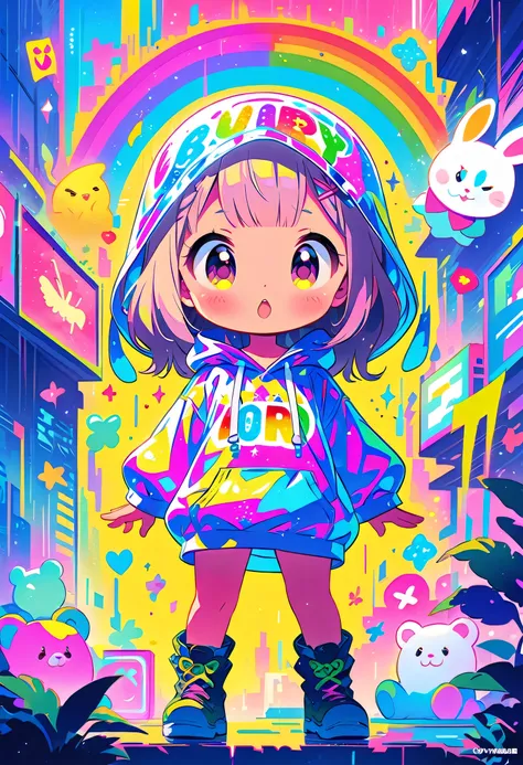 （Super cute Q version baby girl Rem standing in the rain in a clear plastic hoodie：1.4）, Rainbow color illustration, magically glowing, Shiny and colorful, hologram, By Yumi, anime art wallpaper 8k, Gurwitz-style artwork, Anime Art Wallpaper 4k, anime art ...