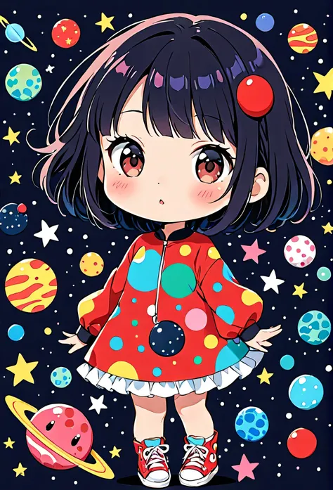 Ultra-realism Yayoi Kusama colorful style, Simple Line Initialism，Abstract art，(((The most beautiful girl of all time))), Chibi, colorful hearts, kawaii design, sports fashion, (((Space Exploration))), (((Cute amoeba)))