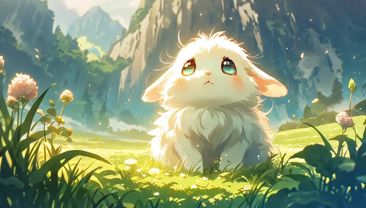 Create a close-up, animated illustration of a fluffy baby bunny sitting in a field of clover. Emphasize the soft fur, big eyes, and twitching nose of the bunny. The background should be a gentle blur of greenery, highlighting the cuteness and innocence of ...