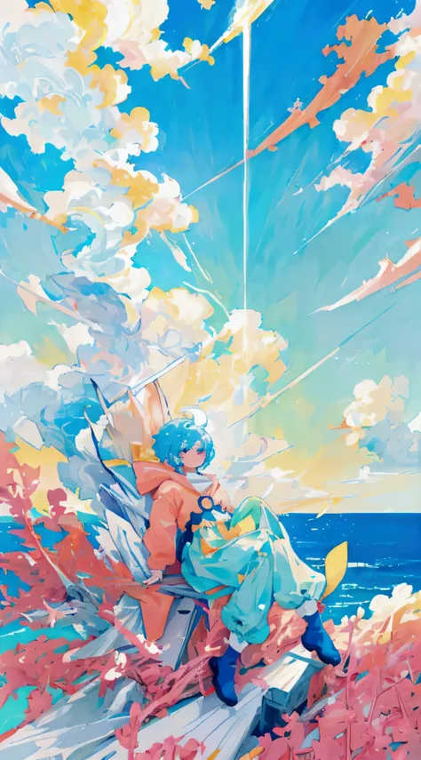 A distant view of a person falling from the sky，Seen as a tiny dot in a sea of bright, fluffy clouds。The scenes are in vibrant anime style，Cant see land，Only vast cloudscapes and a clear blue sky。The atmosphere is tranquil and surreal，Highlighting the vast...