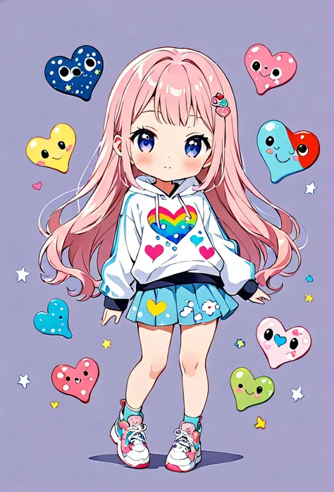 Ultra-realism Hayao Miyazaki colorful style, Simple Line Initialism，Abstract art，(((The most beautiful girl of all time))), chibi, colorful hearts, kawaii design, sports fashion, (((コンビニ))), (((Cute amoeba)))