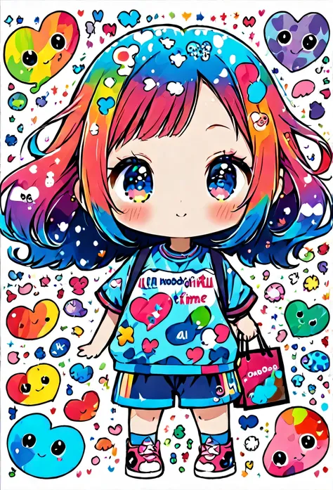 Ultra-realism Hayao Miyazaki colorful style, Simple Line Initialism，Abstract art，(((The most beautiful girl of all time))), chibi, colorful hearts, kawaii design, sports fashion, (((コンビニエンスストア))), (((Cute amoeba))), shopping